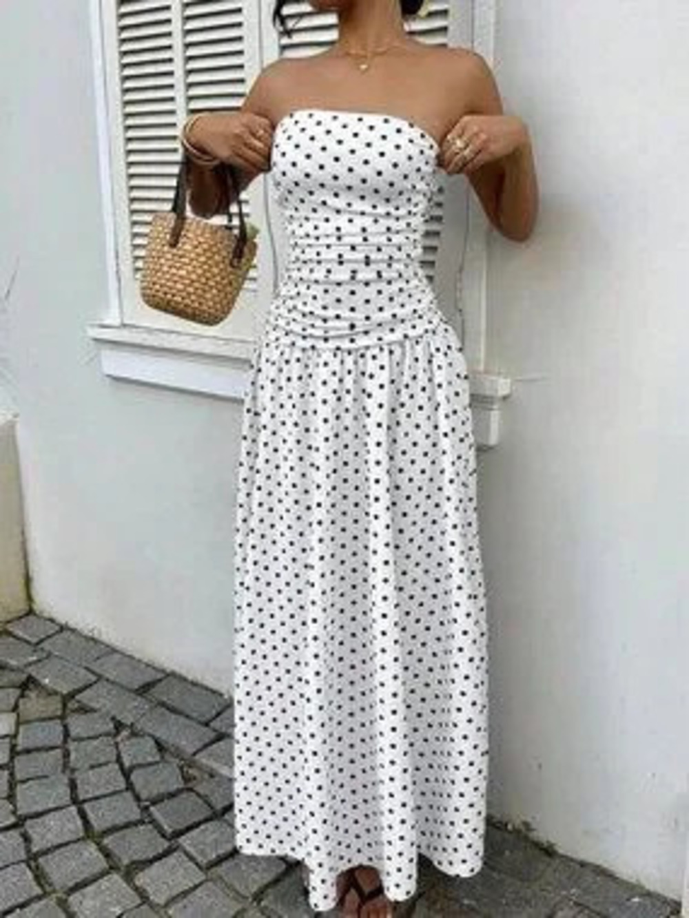 ZARA Black And White Casual Women's With Polka Dots Strapless Maxi Tube Dress